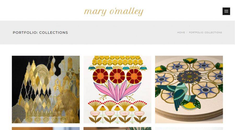 Portfolio Landing page featuring her collections maryomalleyart.com screenshot